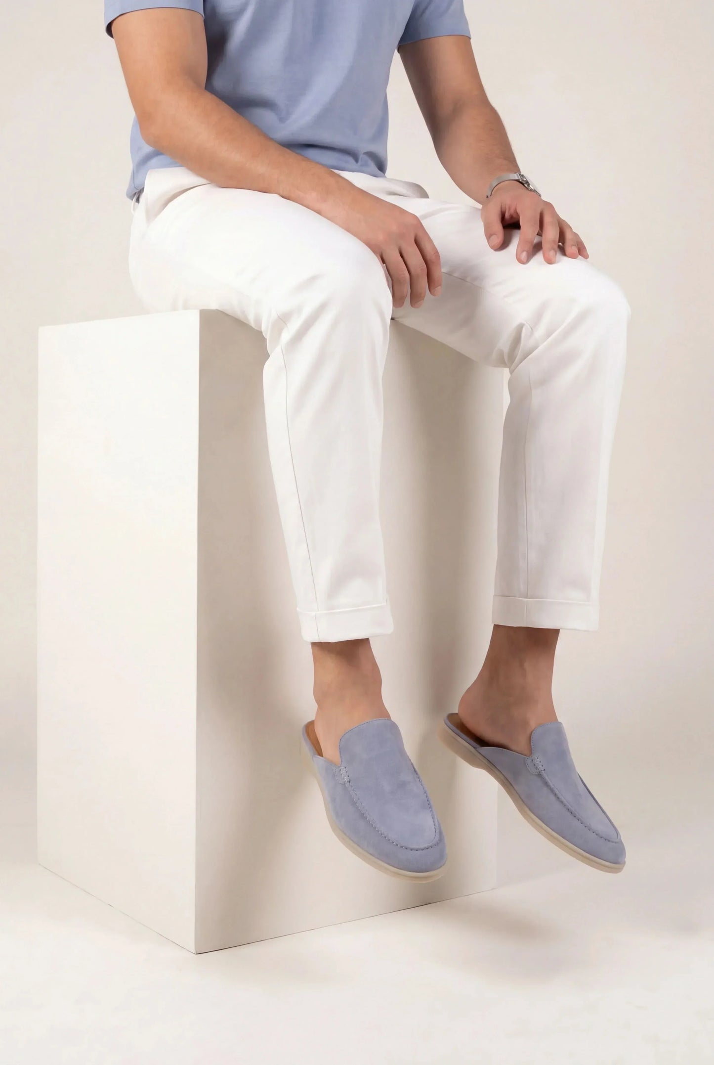 Yacht Mule in Baby Blue, premium leather footwear, product view